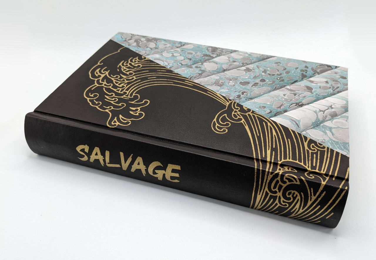a handbound book with the title Salvage in gold foil on the spine