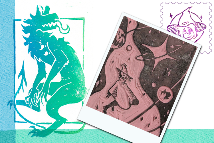On the left, a green and blue stamped image of a demon, on the right, a hand-carved rubber stamp of a witch.